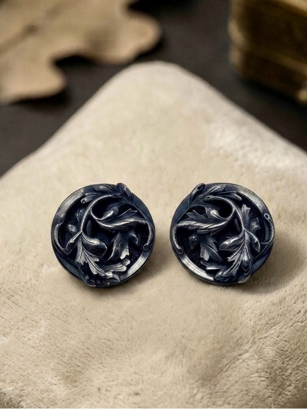 Vintage Continental Signed Silver-Tone Acanthus Leaf Clip-On Earrings